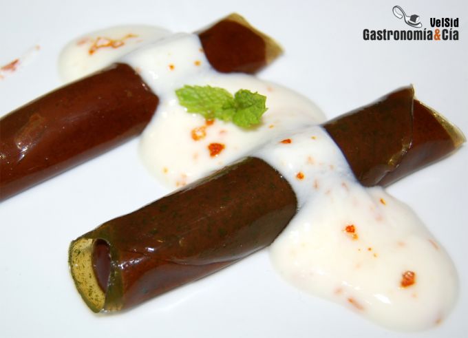 Canelones de gelatina de cilantro con ganache y crema d