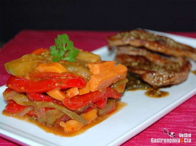 Cordero con tarka y verduras agridulces