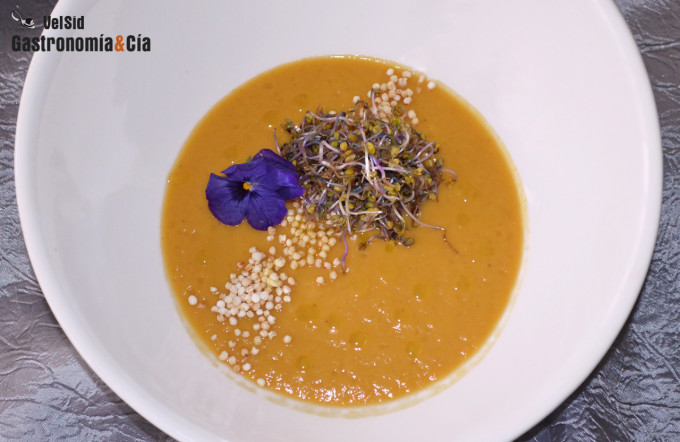 Crema de puerro y boniato con quinoa y germinados