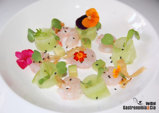 Ensalada de gambas, aguacate y pepino