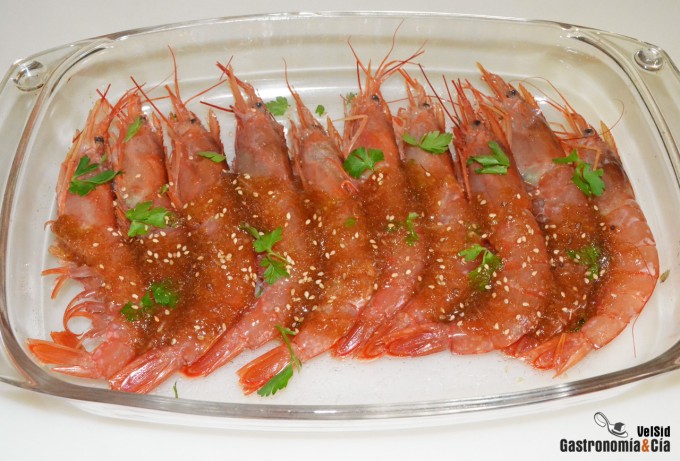 Gambas al horno con soja y jengibre