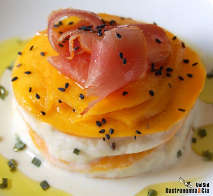 Lasaña de mango y brandada de bacalao