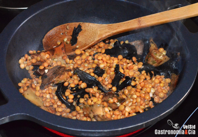 Lentejas con níscalos, trompetas y trufa negra