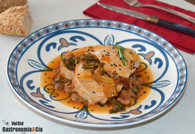 Lomo de cerdo al oloroso con pak choi y setas