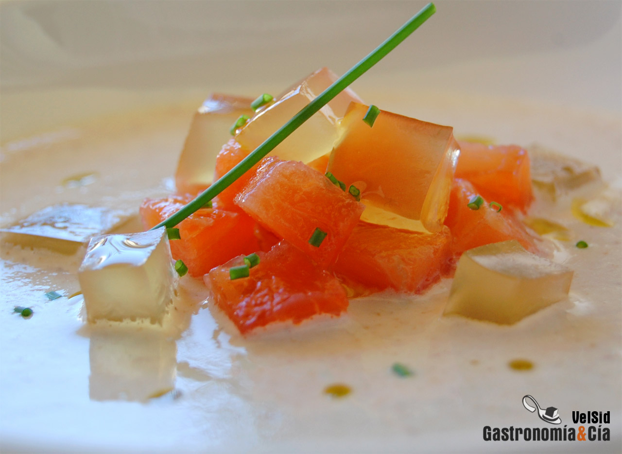 Ajoblanco de chufas con salmón marinado y gelatina de j