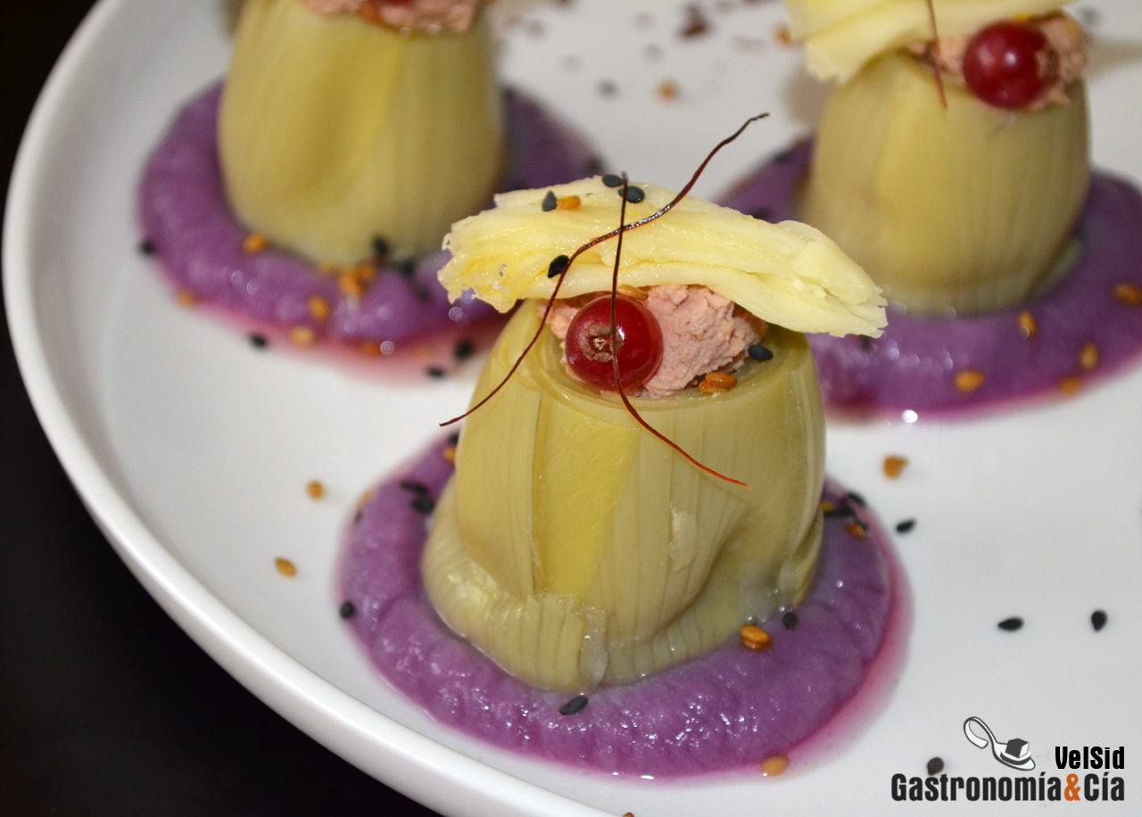 Alcachofas rellenas de foie, Tête de Moine y coliflor m