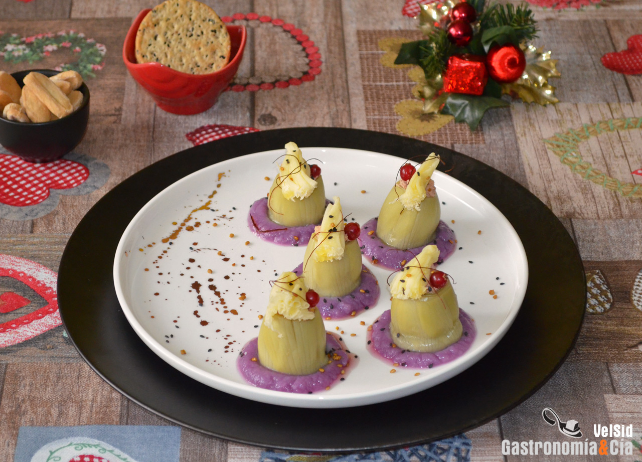 Alcachofas rellenas de foie, Tête de Moine y coliflor m