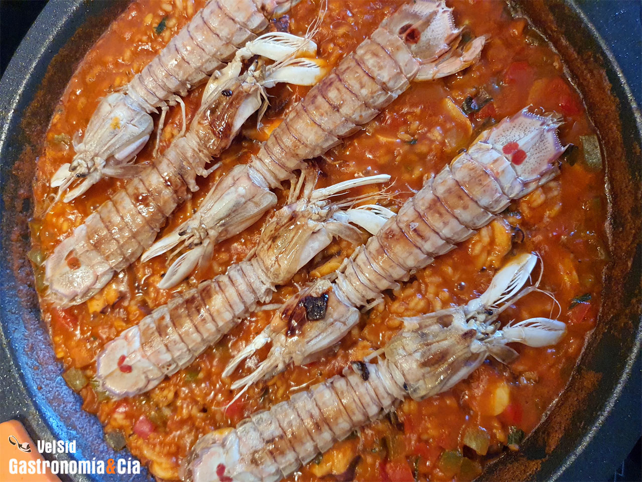 Arroz en paella con pulpo y galeras