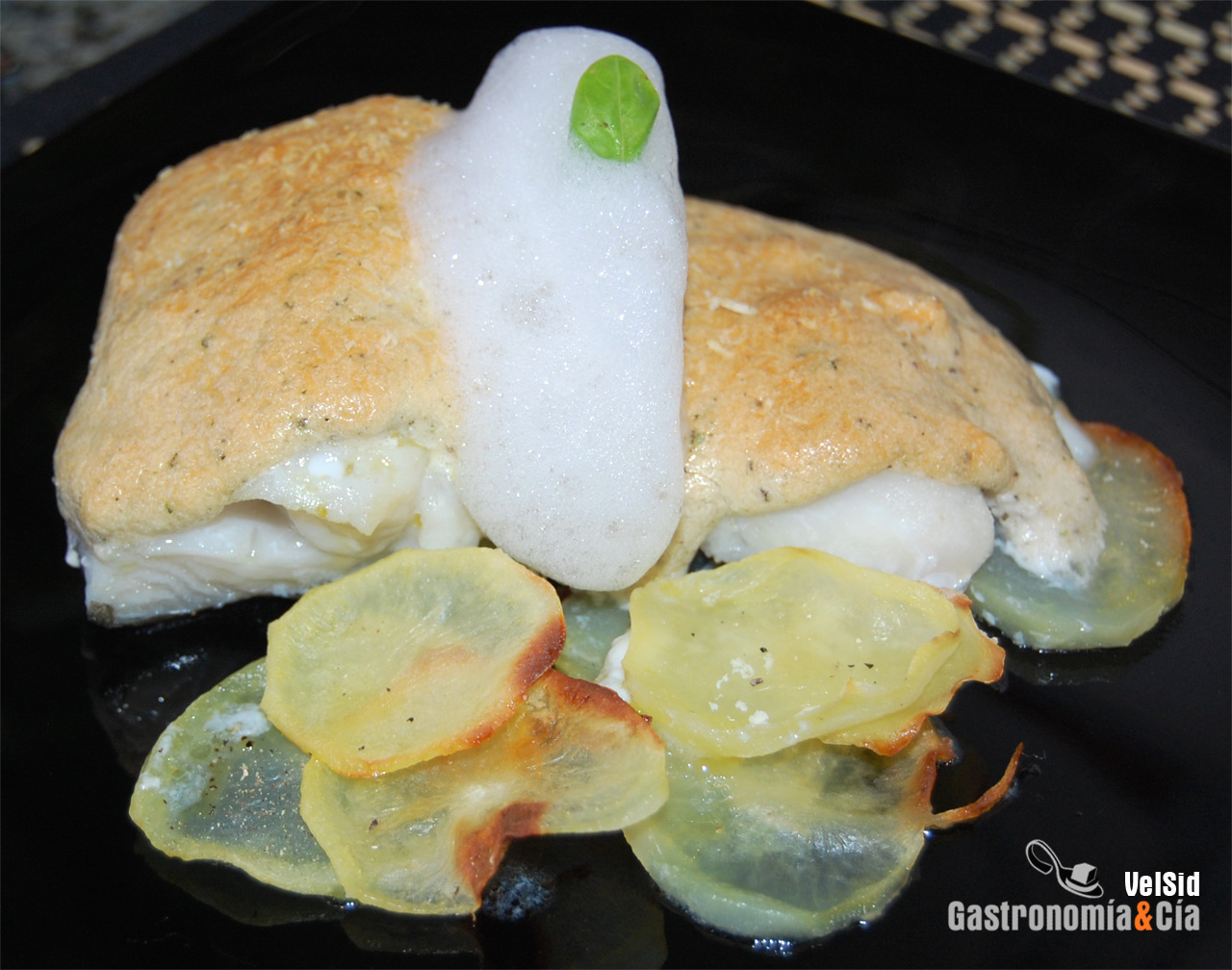 Bacalao con muselina de pesto y aire de limón