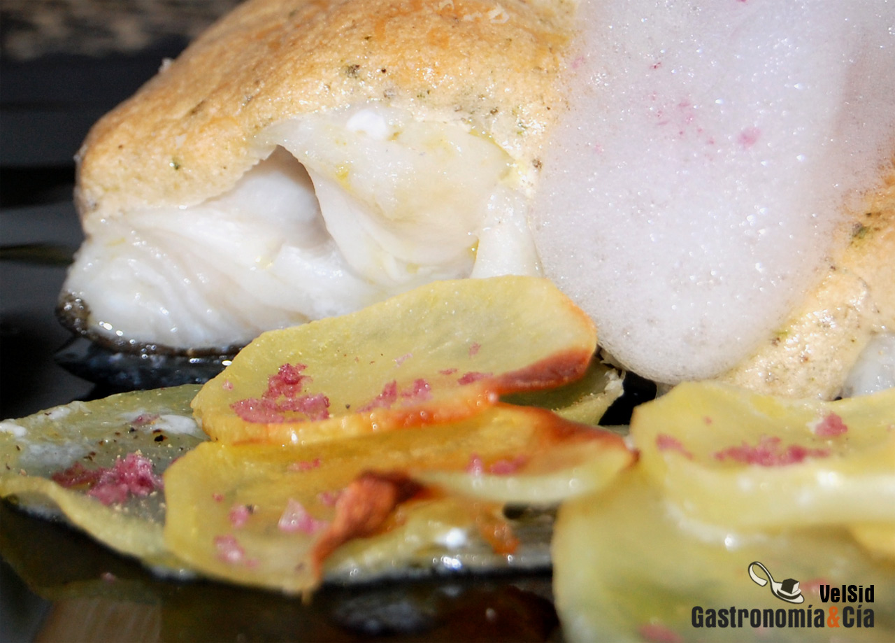 Bacalao con muselina de pesto y aire de limón