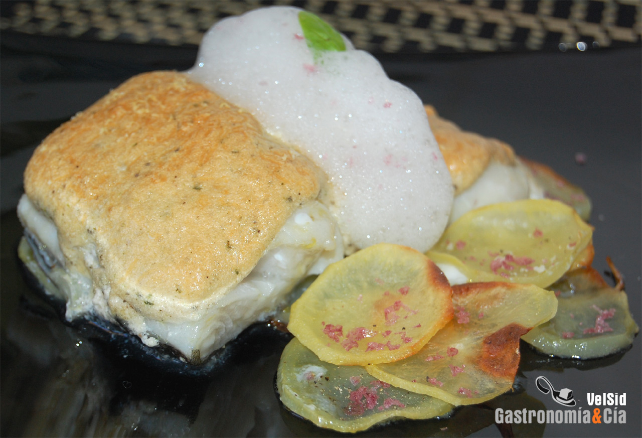 Bacalao con muselina de pesto y aire de limón