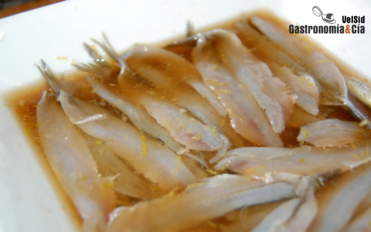 Boquerones marinados con melón y sopa de pan fría