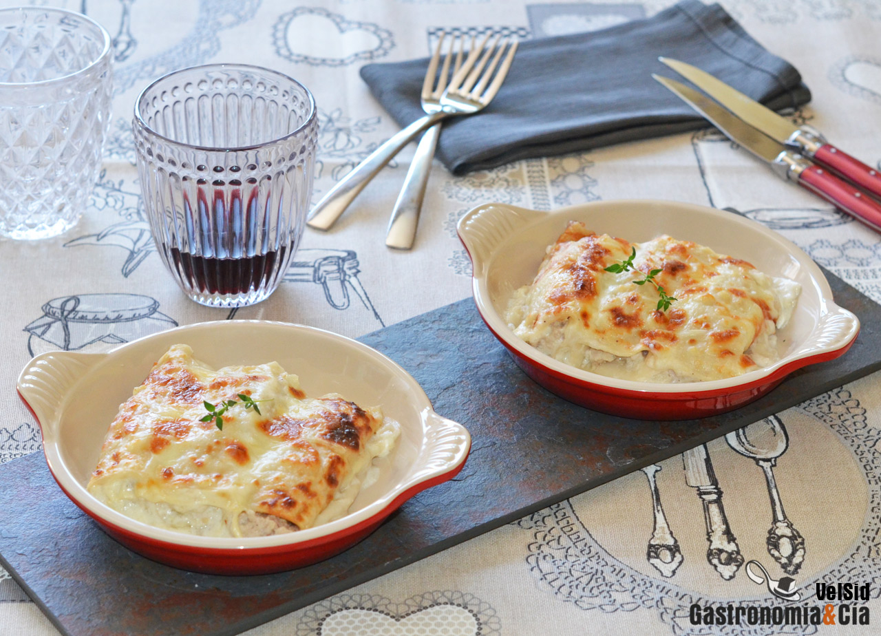 Canelones de pollo y solomillo ibérico