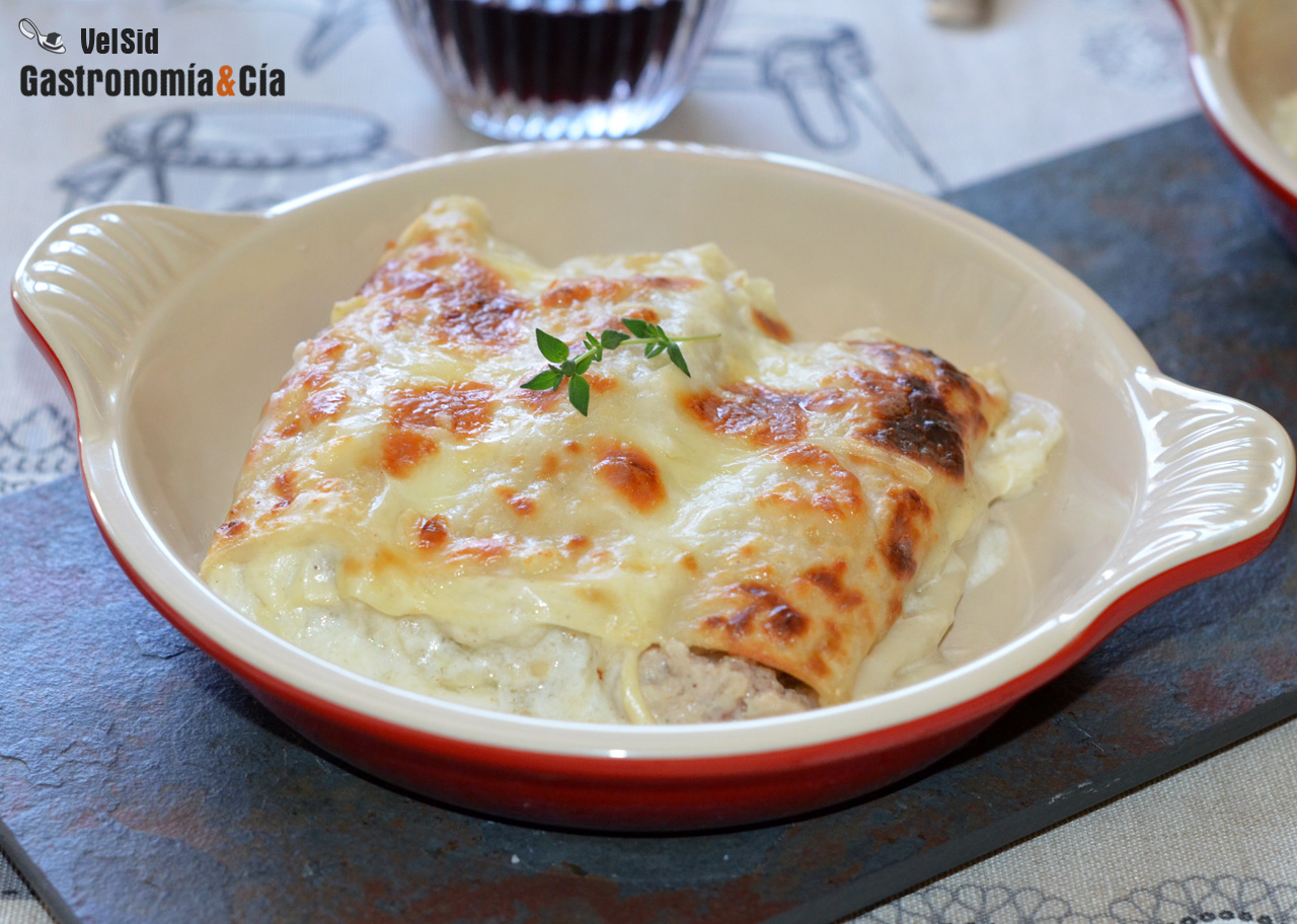 Canelones de pollo y solomillo ibérico