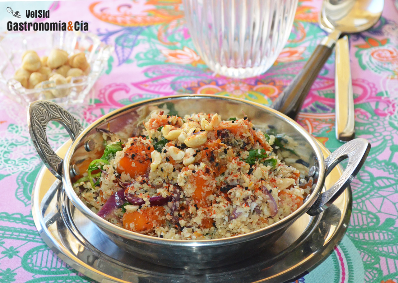 Cuscús de coliflor con calabaza tostada y avellanas, ta