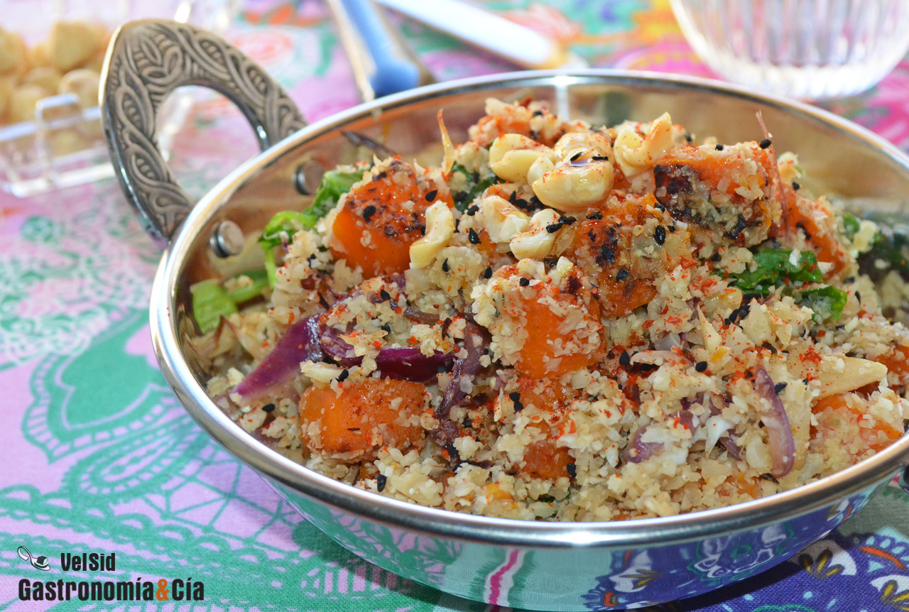 Cuscús de coliflor con calabaza tostada y avellanas, ta