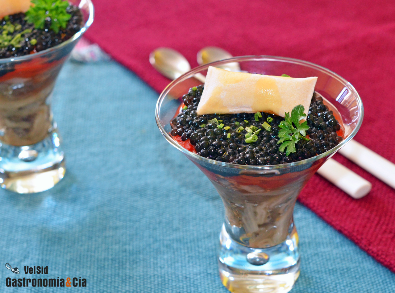 Escalivada con perlas de esturión y aceite ahumado