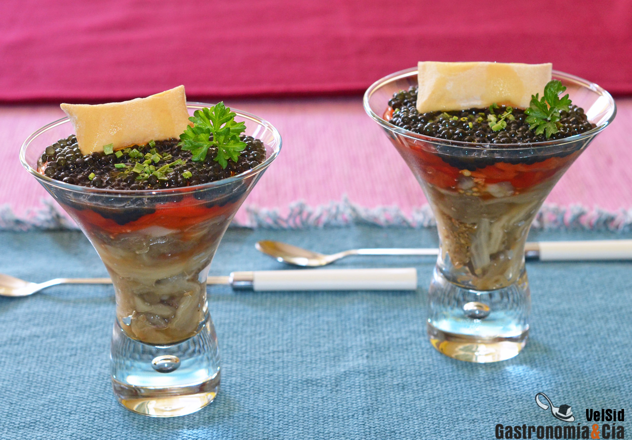 Escalivada con perlas de esturión y aceite ahumado