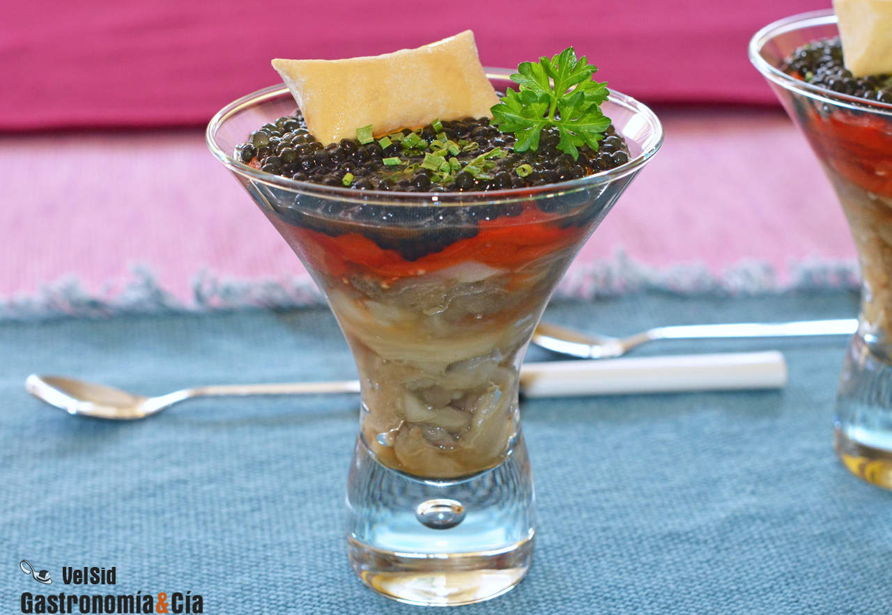 Escalivada con perlas de esturión y aceite ahumado