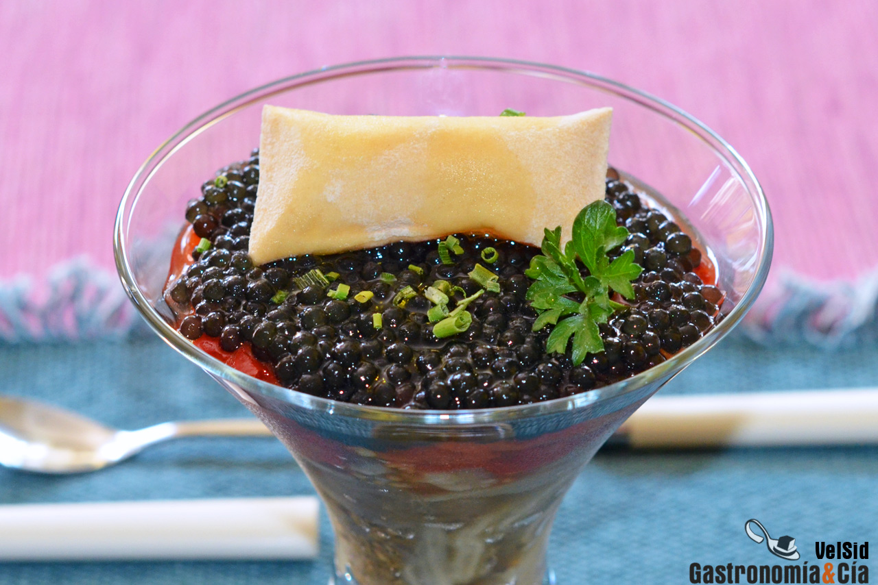 Escalivada con perlas de esturión y aceite ahumado