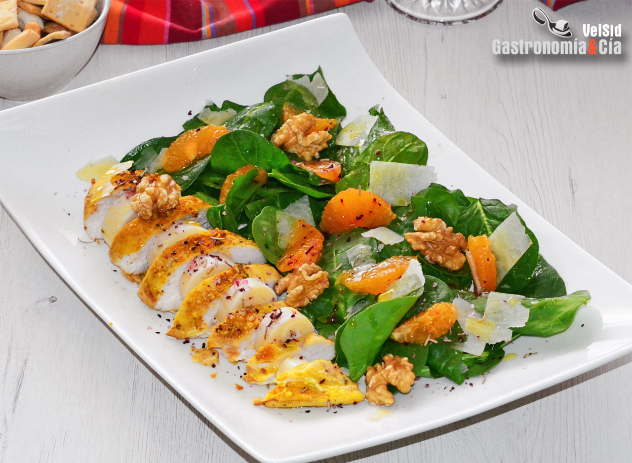Receta de ensalada de espinacas, pollo y mandarinas