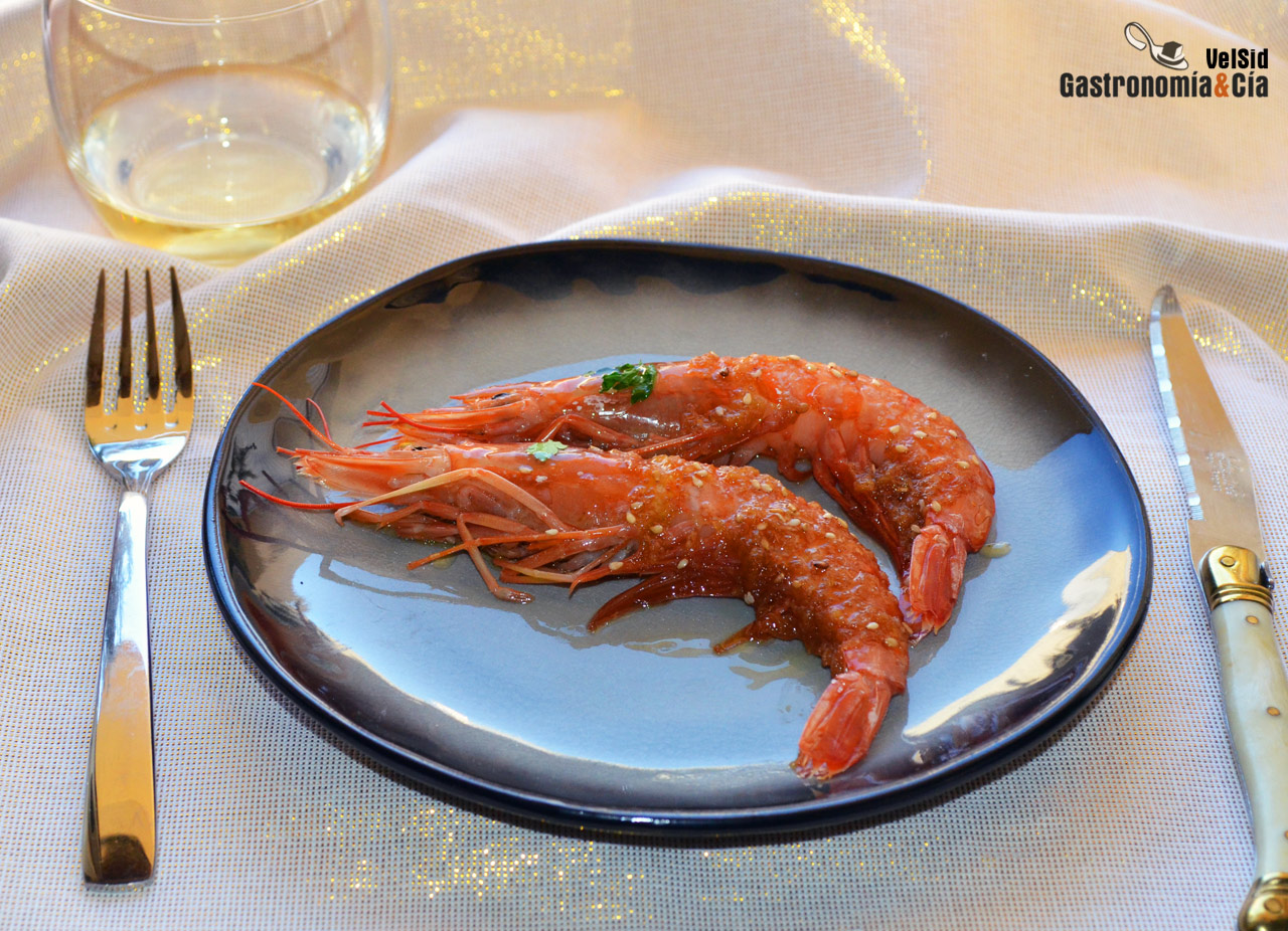 Gambas al horno con soja y jengibre