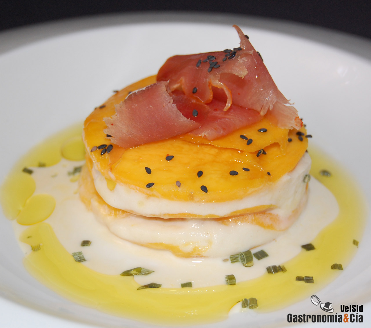 Lasaña de mango y brandada de bacalao