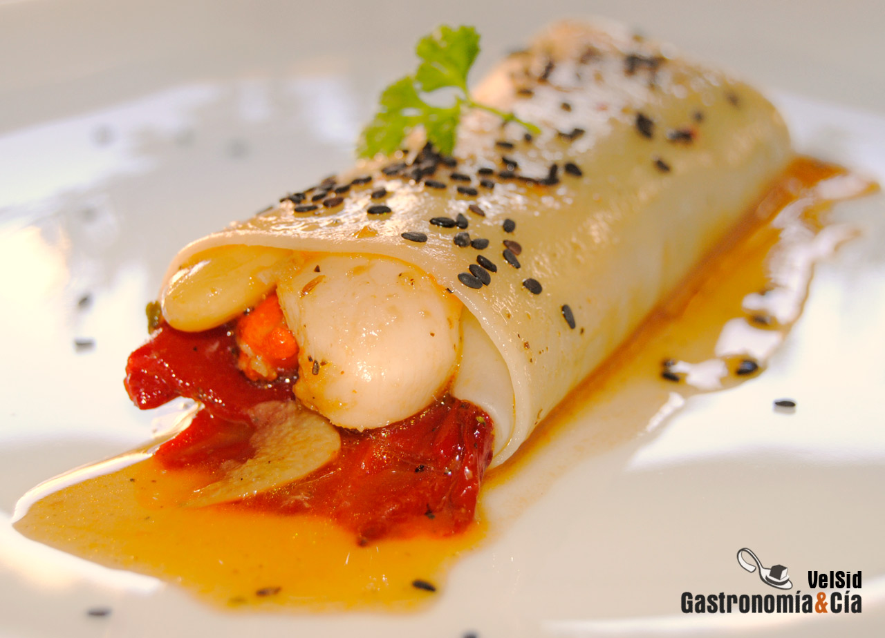 Pasta con pimientos del piquillo confitados al cava y v