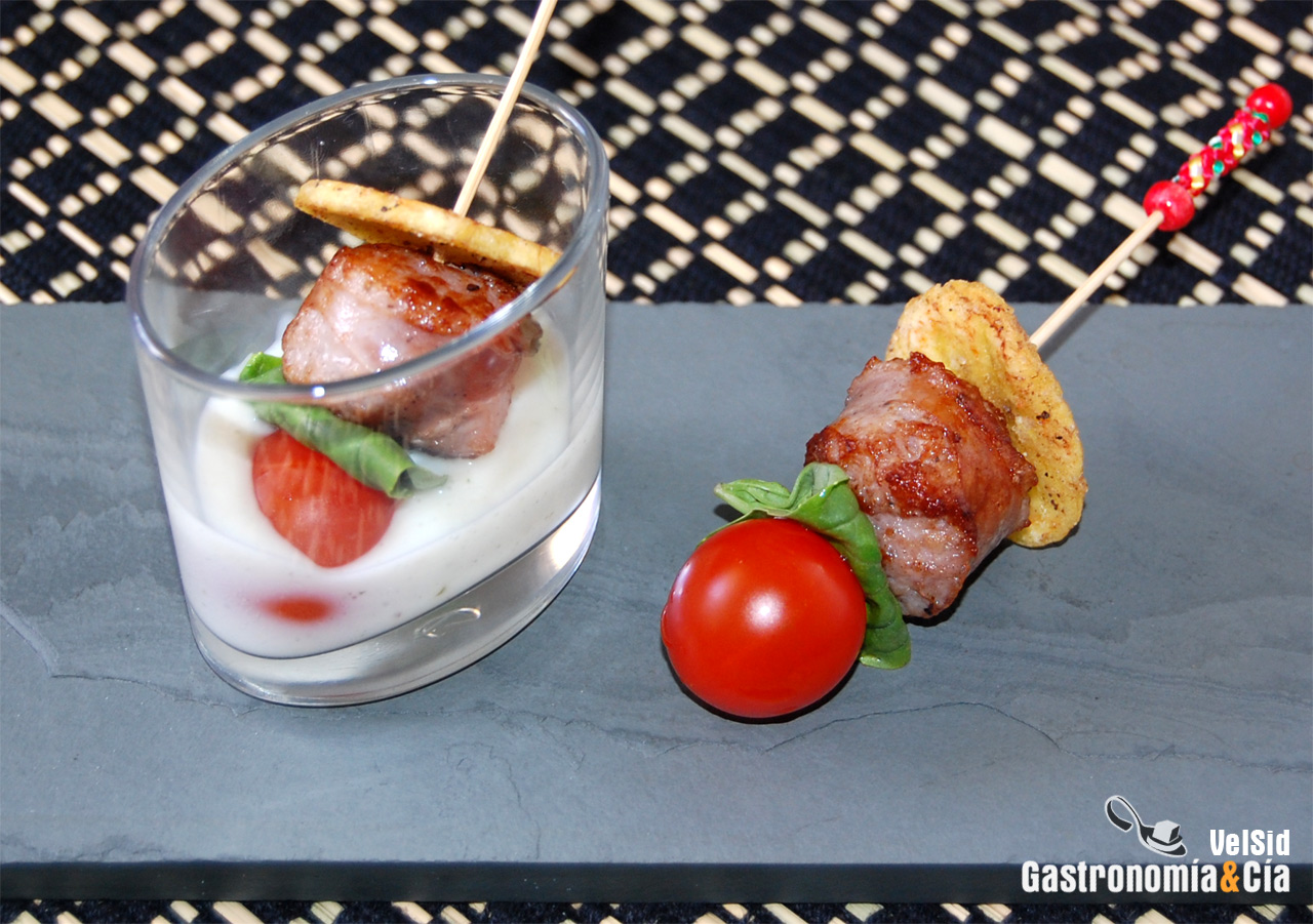 Pincho de Butifarra con plátano macho y crema de ajo