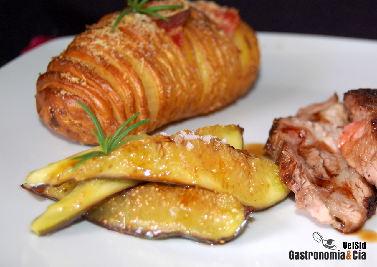 Pluma ibérica con higos y patatas Hasselback