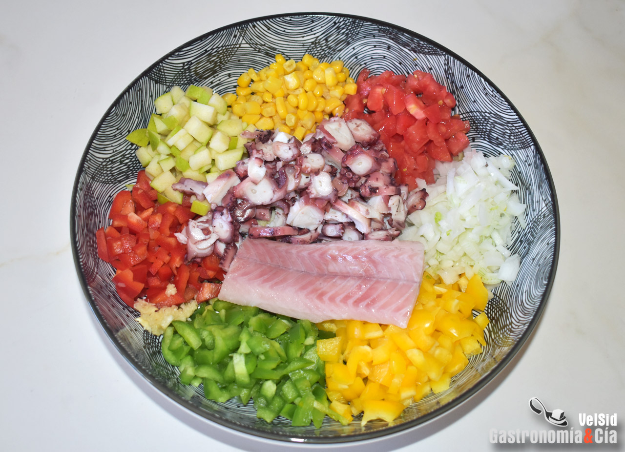 Salpicón de pulpo y anguila ahumad