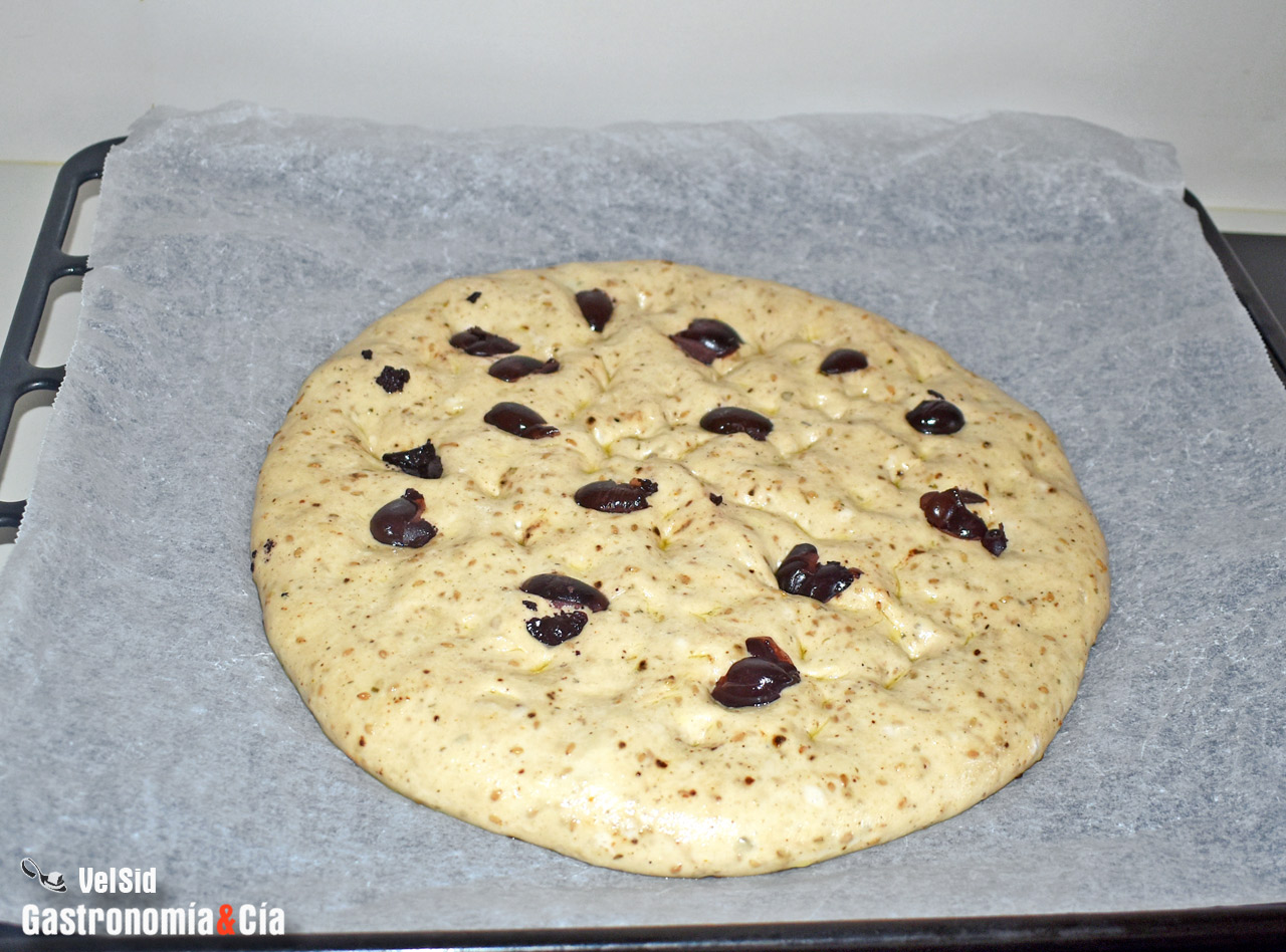 Schiacciata con aceitunas, tomate y hierbas aromáticas