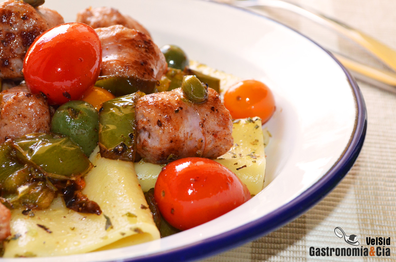 Schiaffoni con butifarra y pimientos verdes fritos