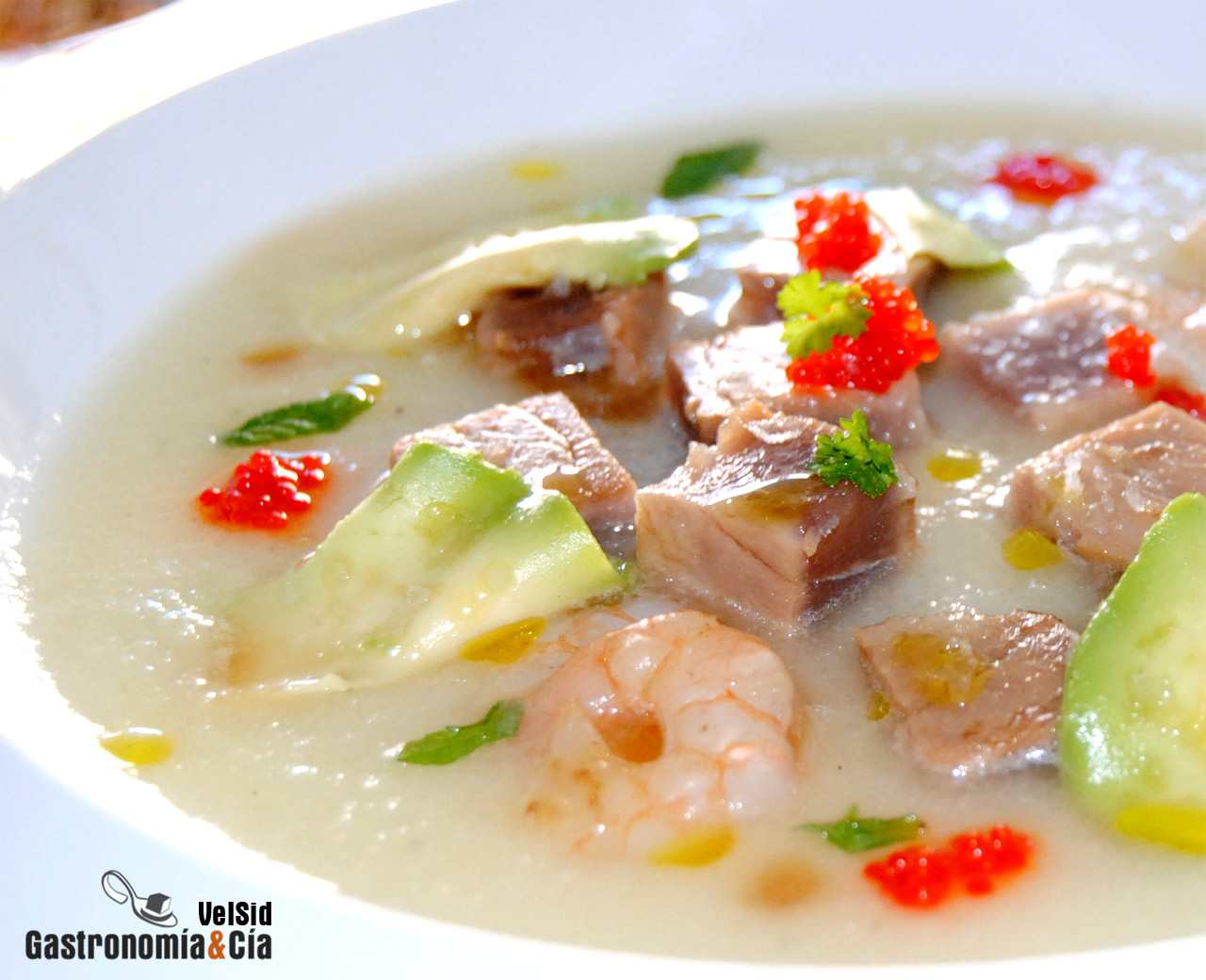 Sopa de melón al jengibre con atún teriyaki y aguacate