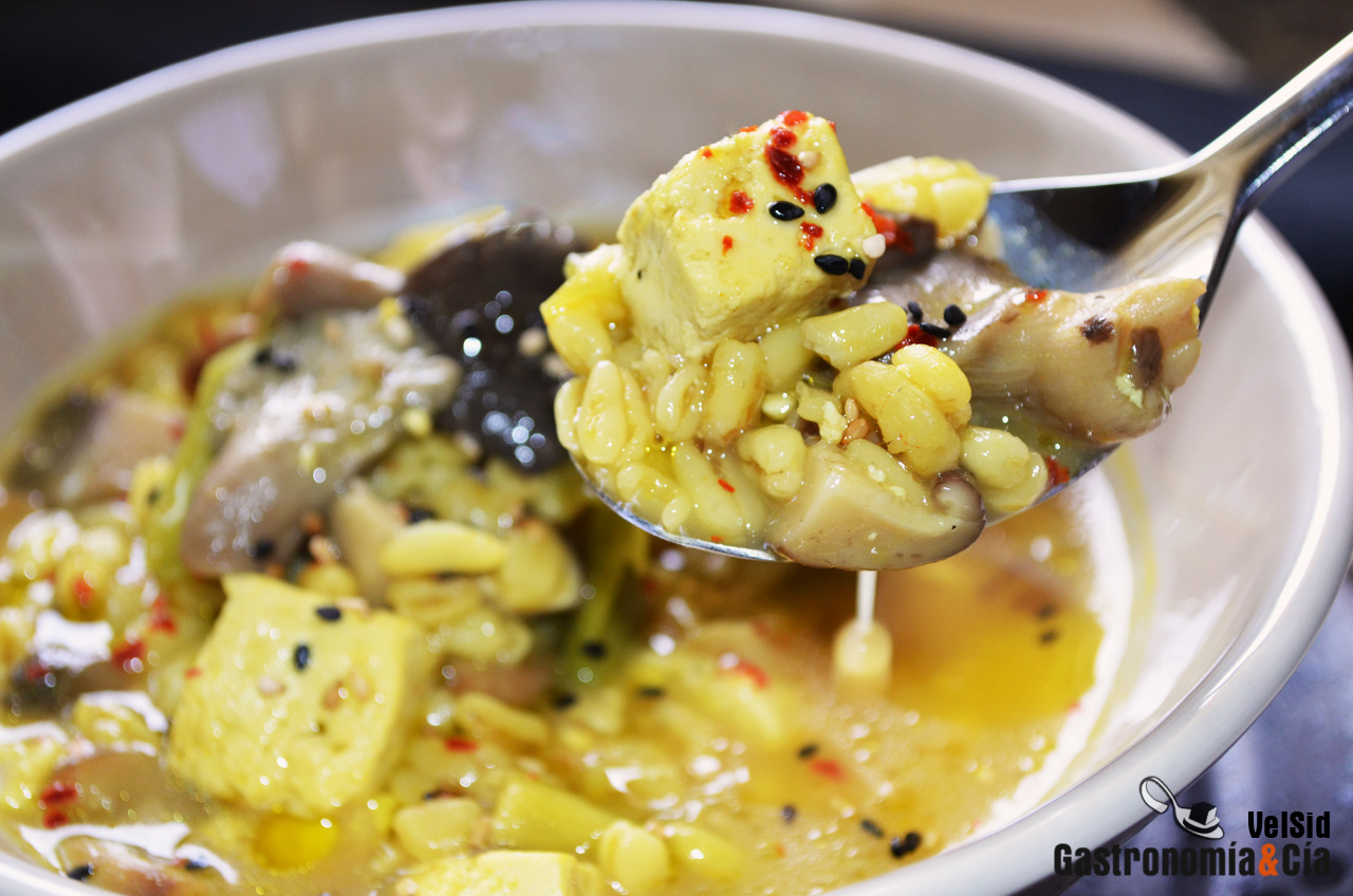 Sopa de tofu, trigo tierno y setas
