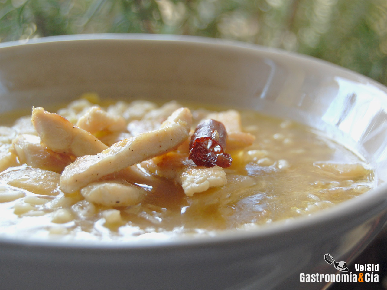 Sopa de trigo tierno y pollo al jengibre