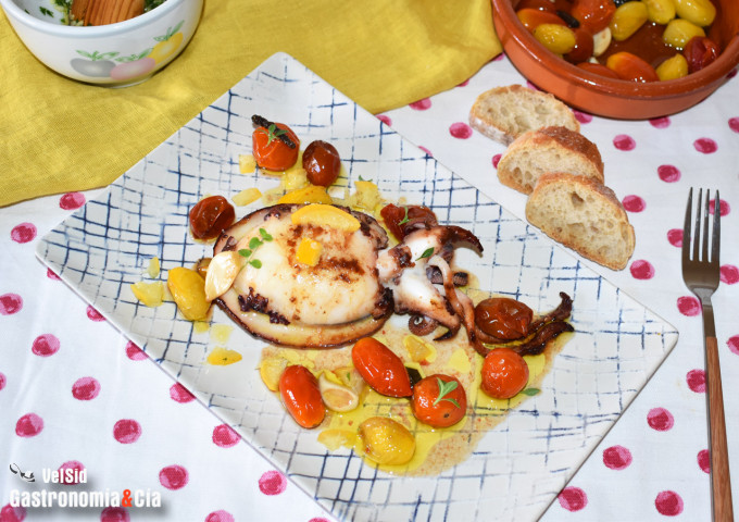 Sepia a la plancha con tomates confitados y limón encur