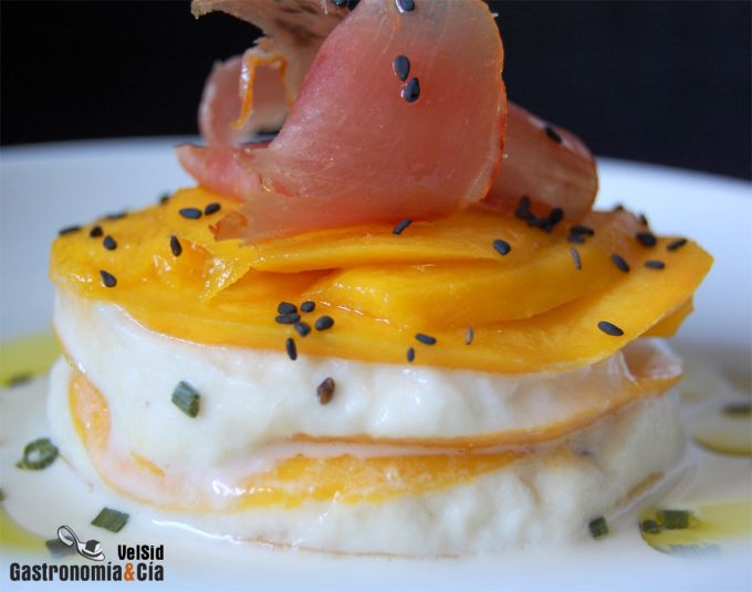 Lasaña de mango y brandada de bacalao