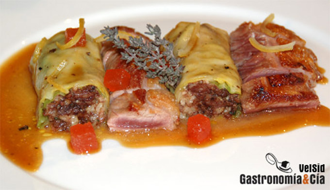 Lomo de cordero lechal con canelones de butifarra negra Recetas de cocina de Oriol Rovira