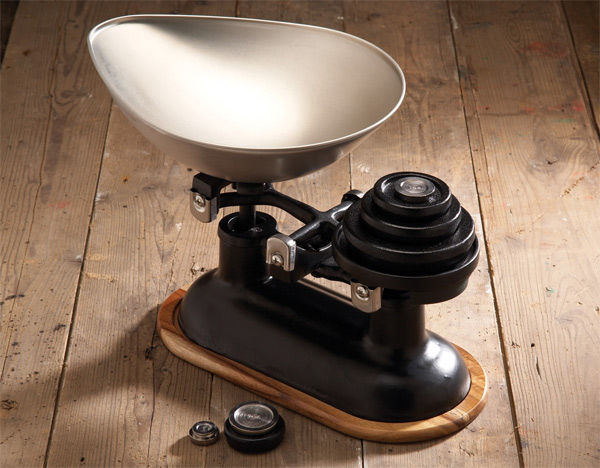 Traditional Balance Scales in Black, Acacia Wood Stand