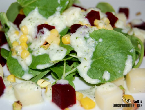 Ensalada de berros con queso, remolacha y tzatziki