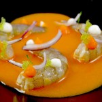 Ceviche de zanahoria, langostino, wasabi y yogur de limón