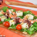 Receta de brochetas con langostinos, jamón ibérico y melón