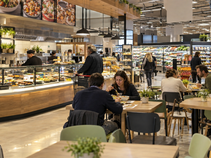 Supermercado con mesas para comer su comida preparada