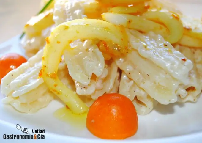 Pasta capricci con sepia, naranja y jengibre